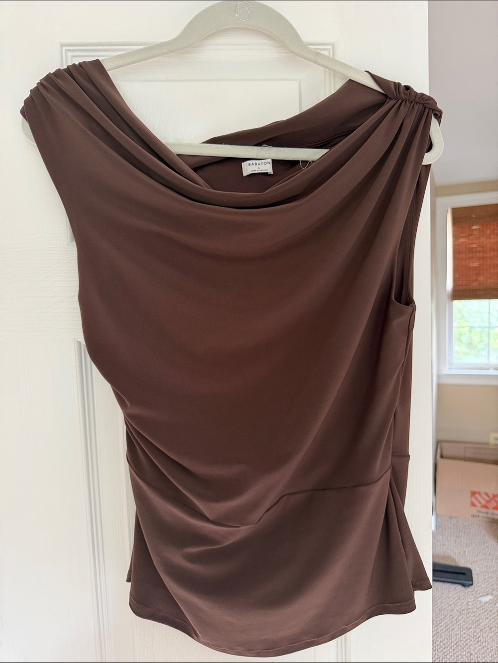 Babaton Brown One-Shoulder Draped Top